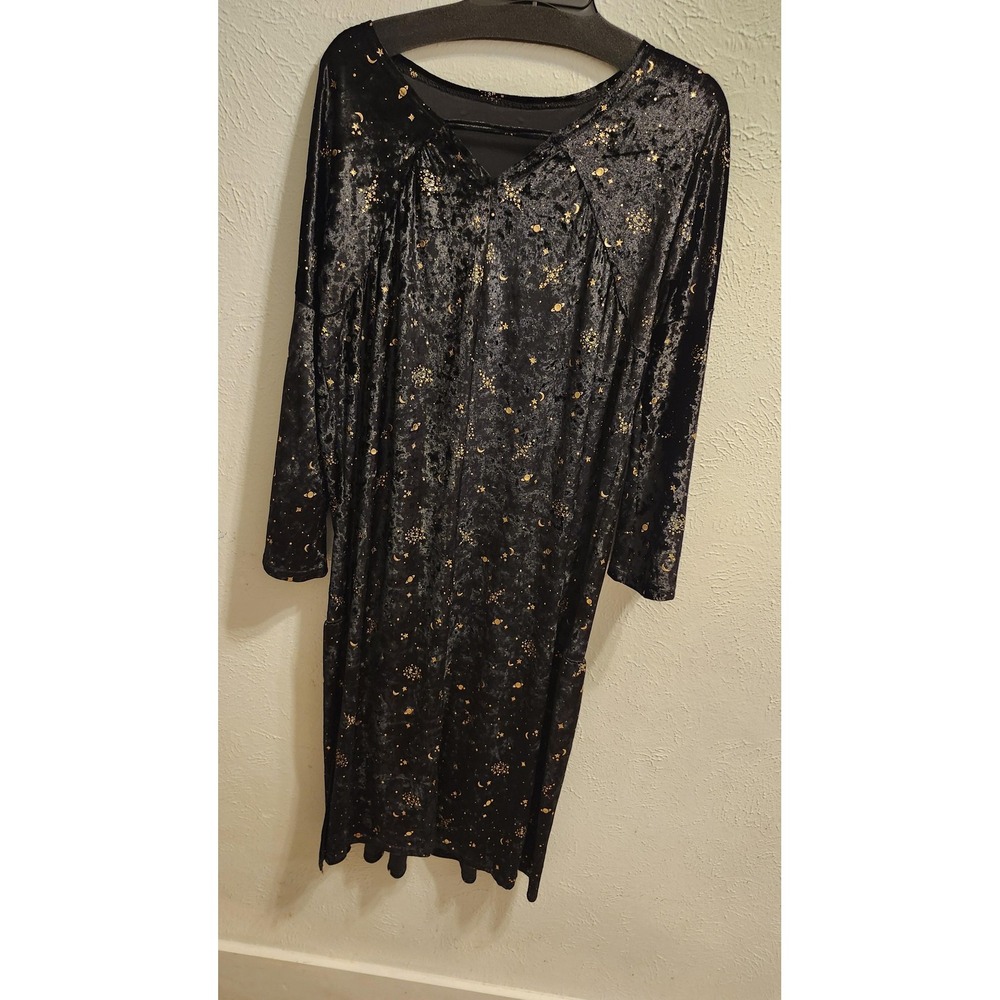 Celestial Crushed Velvet Dress Womens Large‎ Black Gold Pockets 3/4 Bell Sleeve